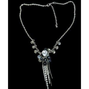 Vintage Handmade Glam Goth Silver Teardrop Crystal Cluster Tassel Necklace
